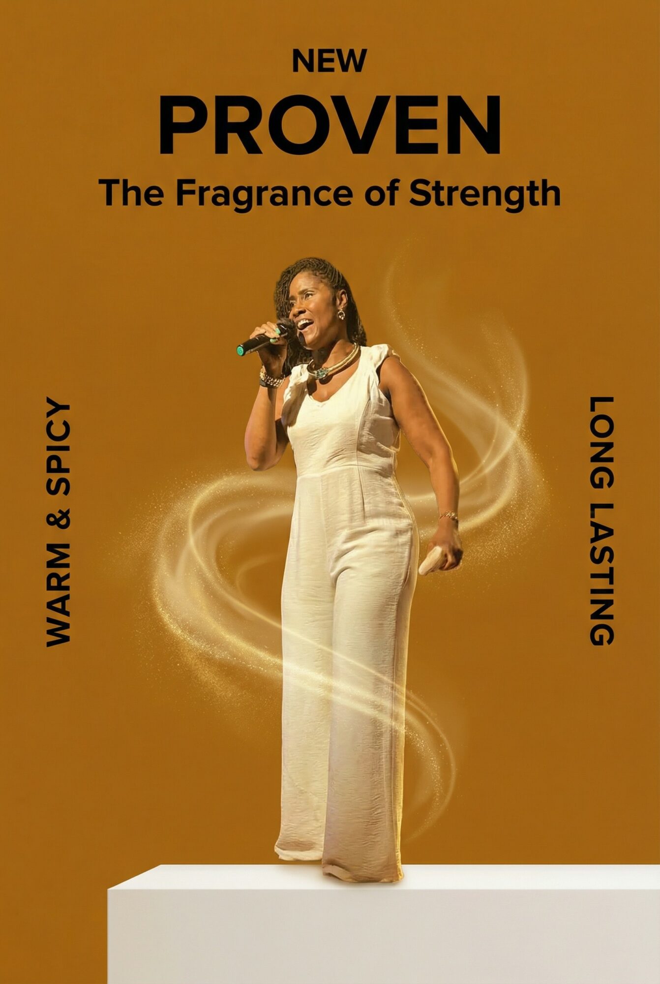 A woman in a white dress holding a microphone, standing on a white platform with a swirling background.