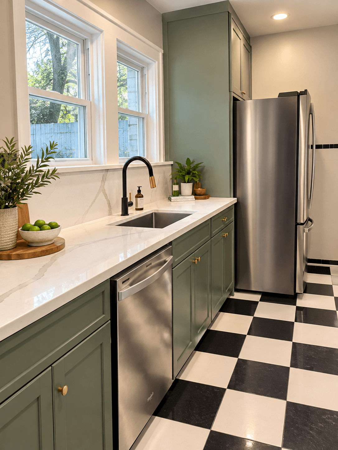 Kitchen with green cabinets, white countertop, stainless steel appliances, black and white checkered floor, and windows with trees outside.