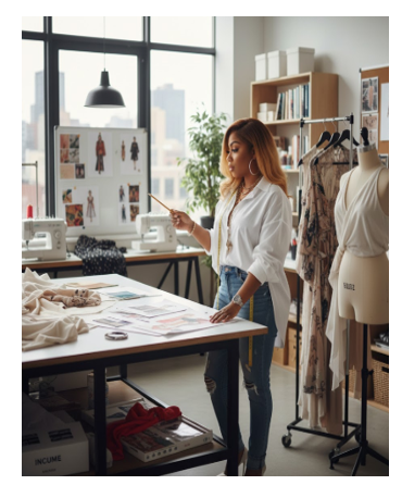 Woman in a fashion studio looking at sketches and fabric samples, with mannequins and shelves in the background.