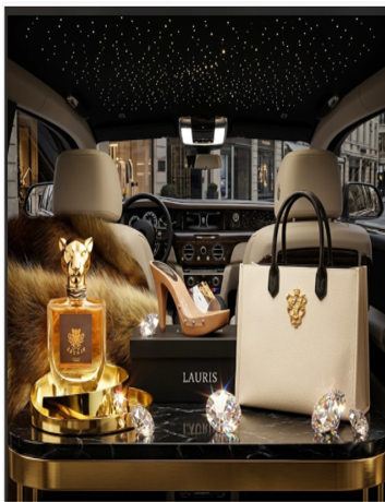 Luxury car interior with handbags, perfume, high heels, and jewelry displayed on a table, starry ceiling, city view through windows.