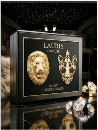 Display with gold lion and animal face logos, text reading Lauris Couture, luxury brand, established 2007, surrounded by diamonds.
