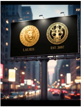 Billboard with two gold emblems and text, set against a city street background at dusk.