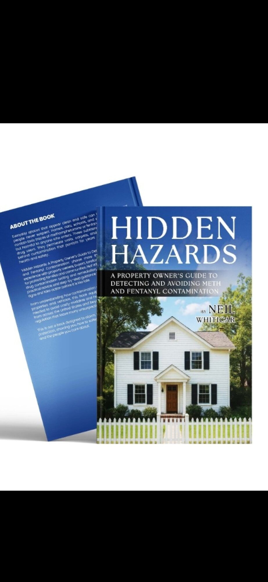 Book cover titled 'Hidden Hazards' showing a white house with a front porch and trees, with a blue sky background.