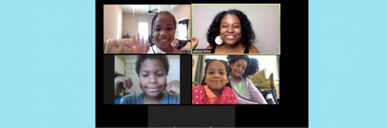 Four people smiling in a video call, two women and two children, with a light blue background.