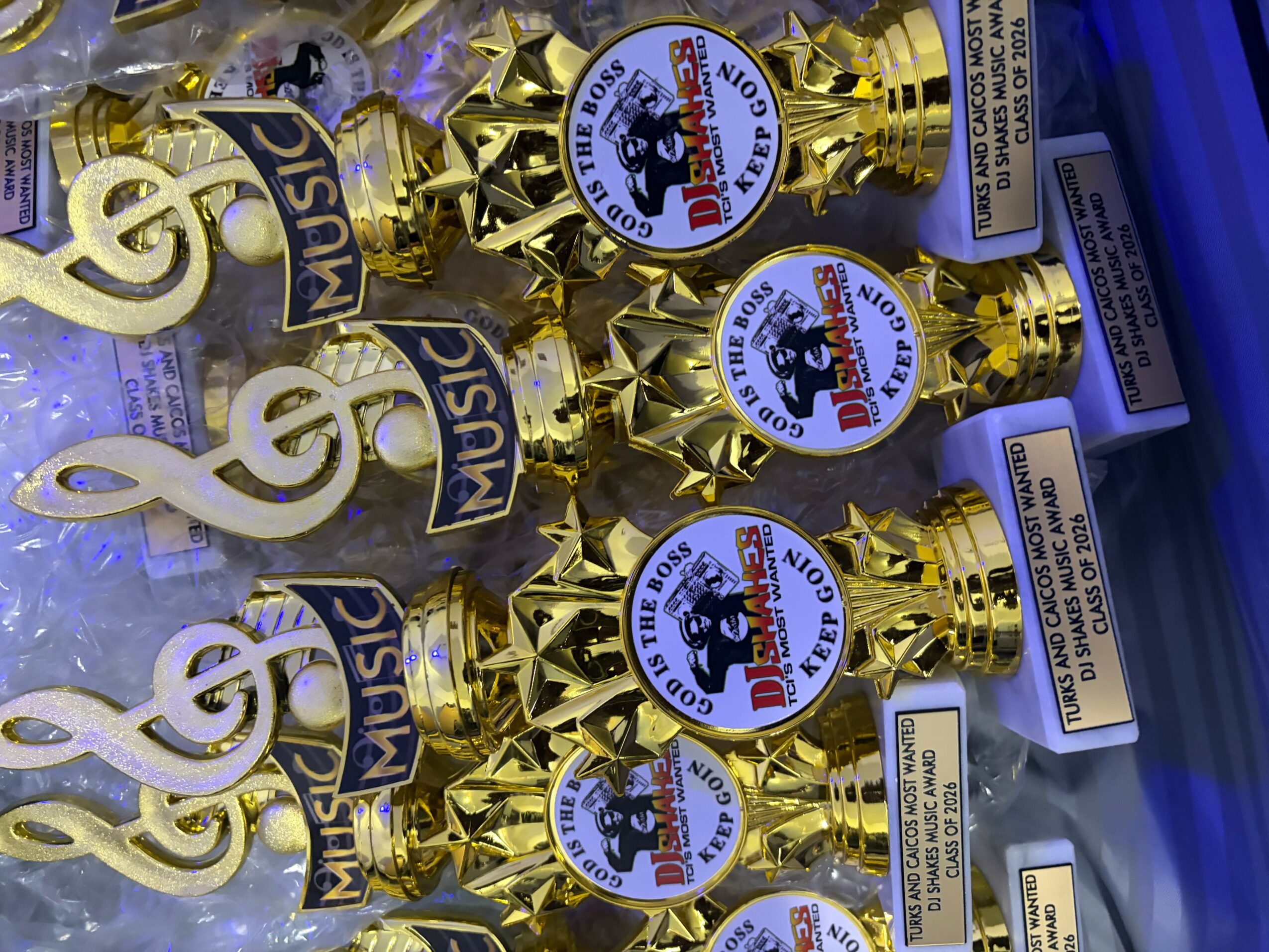 Trophies with musical note symbols and logos, gold color, arranged in a display case.