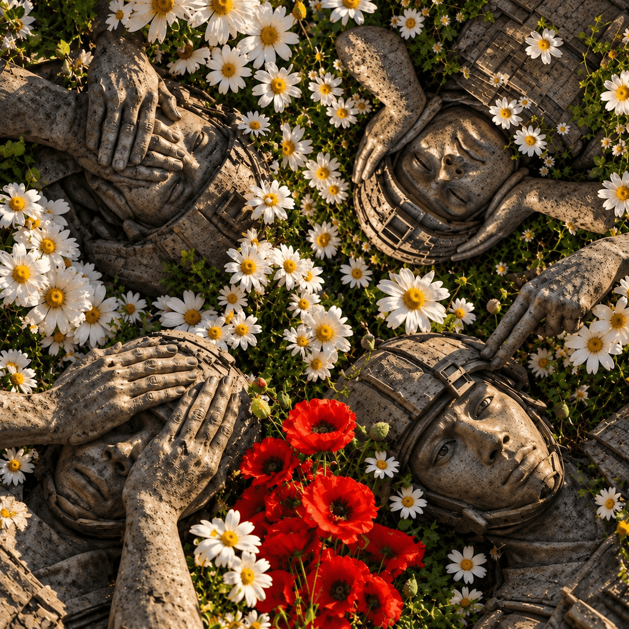 Four weathered stone statues of children surrounded by white daisies and red flowers, lying on the ground with hands on heads.