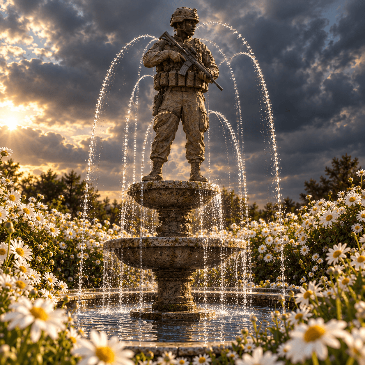 Statue of a soldier on a fountain with water jets, surrounded by flowers, under a cloudy sky at sunset.