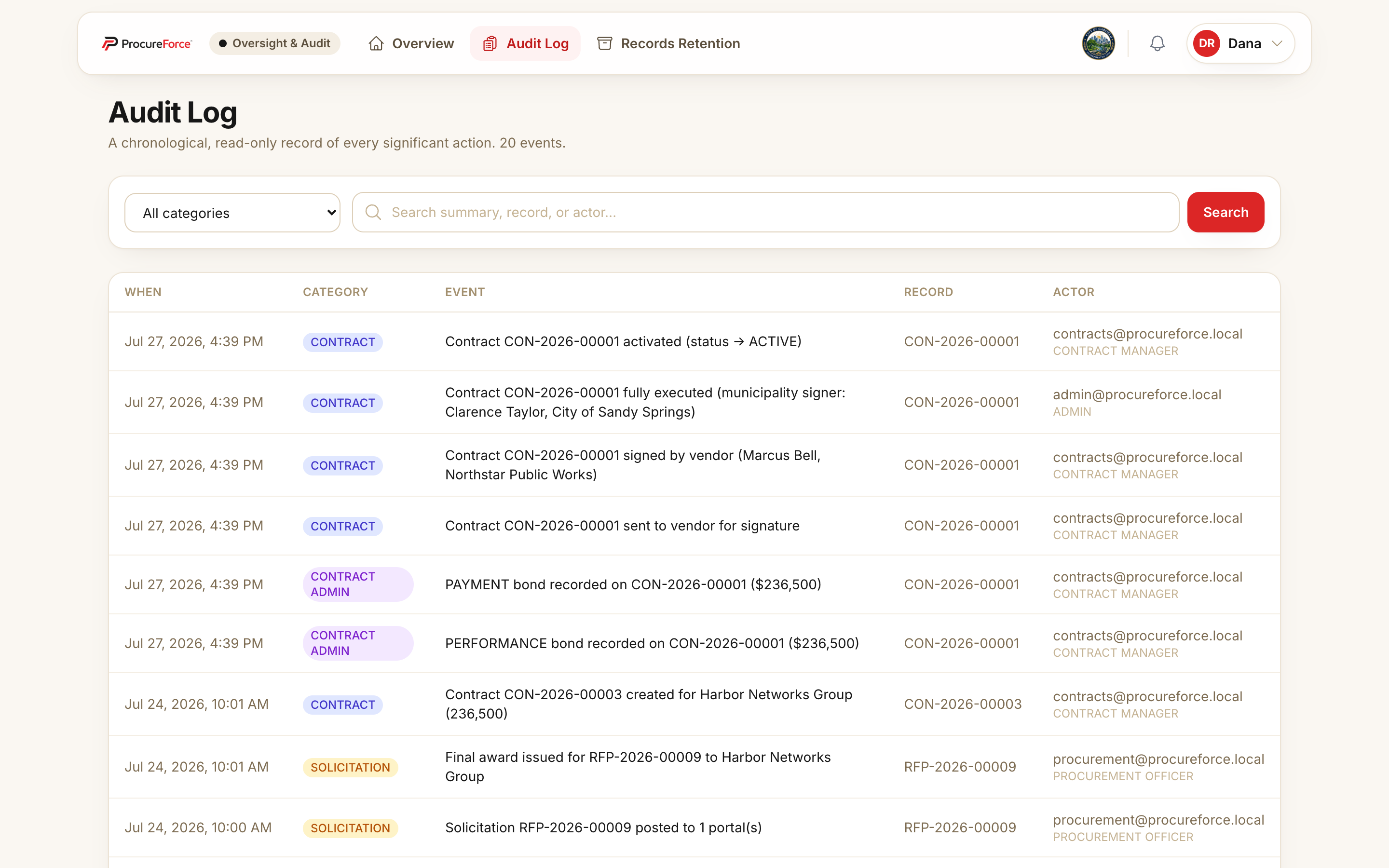 Screenshot of an audit log webpage showing entries with dates, categories, and descriptions, and a red search button.