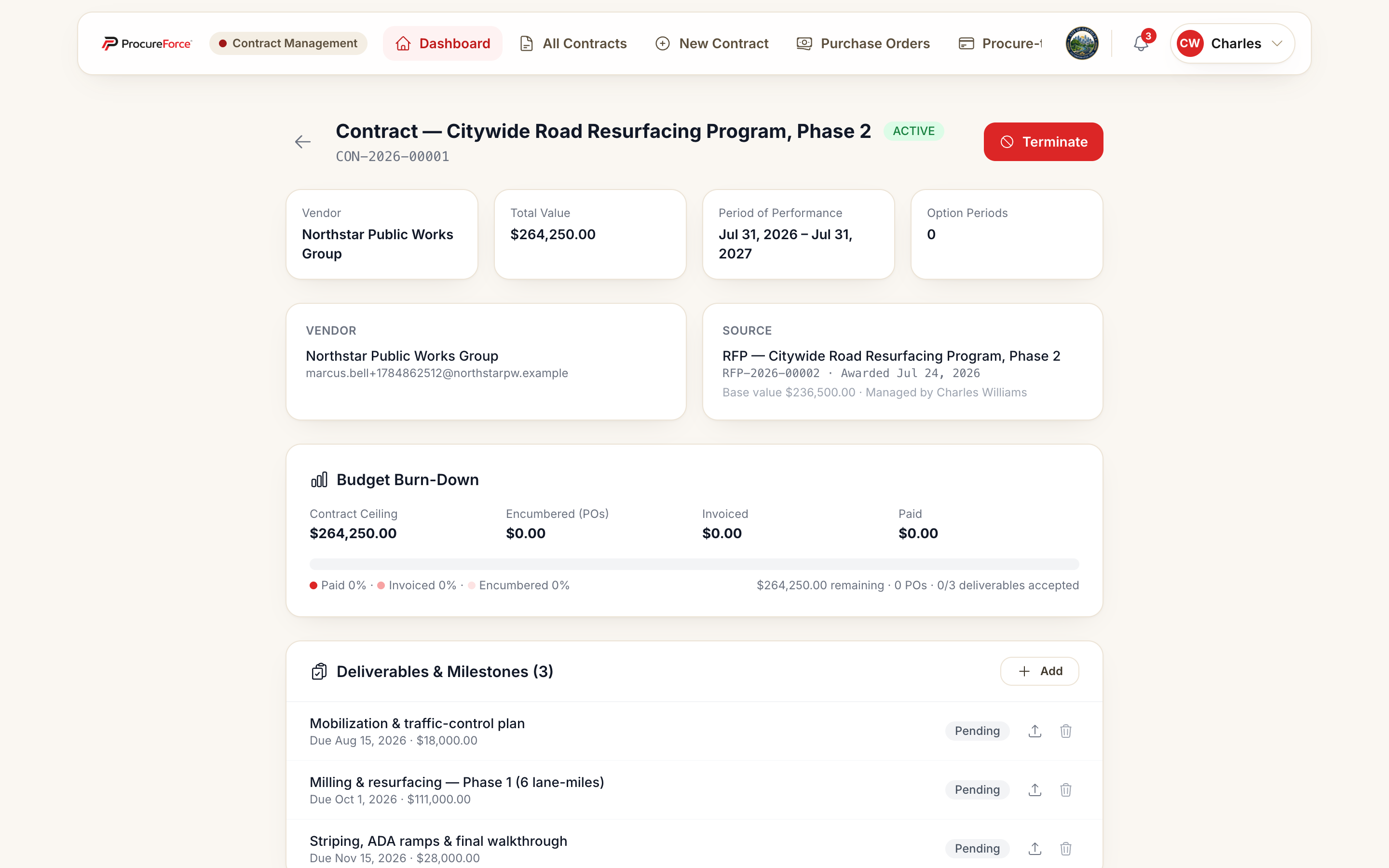 Screenshot of a project management webpage showing contract details, budget, and deliverables list.