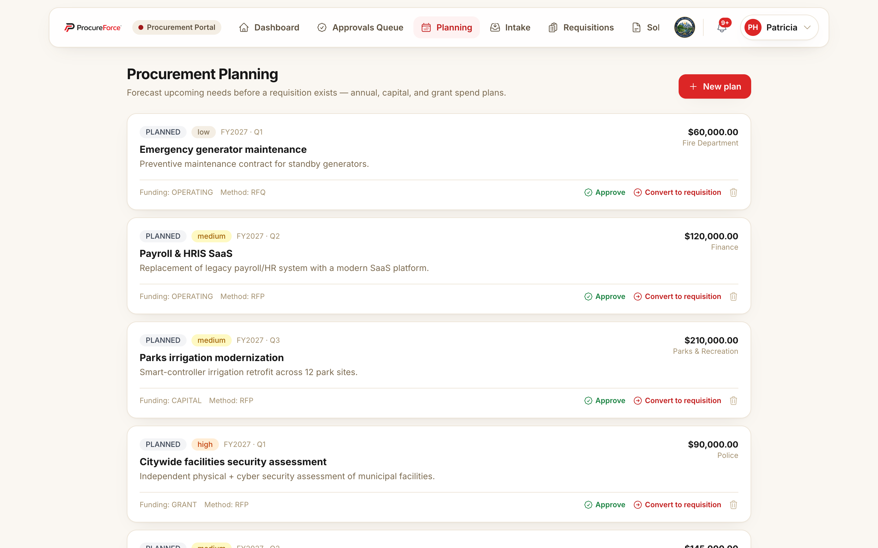 Screenshot of procurement planning webpage with project details and budget information.