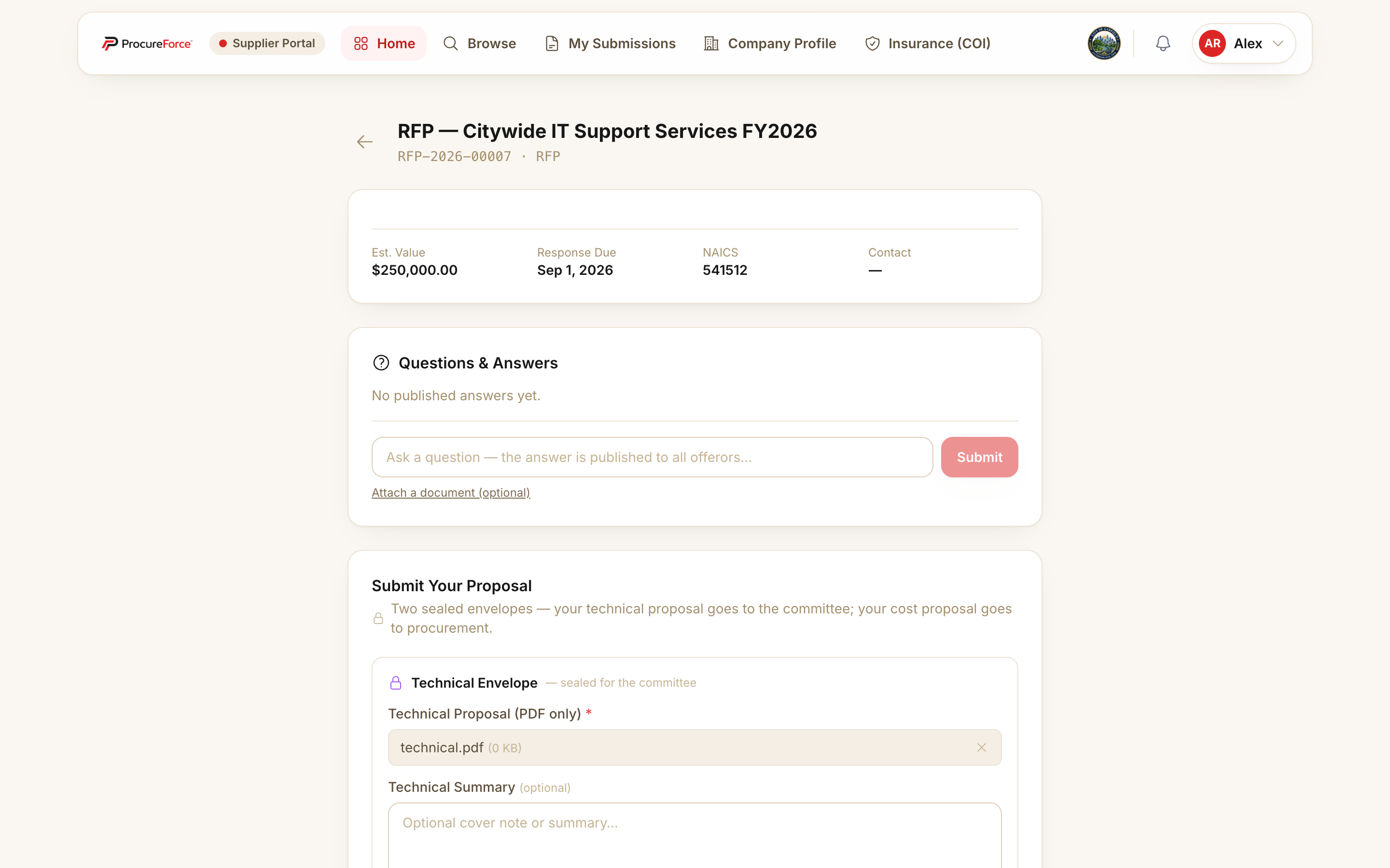 Screenshot of a web form titled RFP for Citywide IT Support Services FY2026, showing budget, date, and proposal sections.
