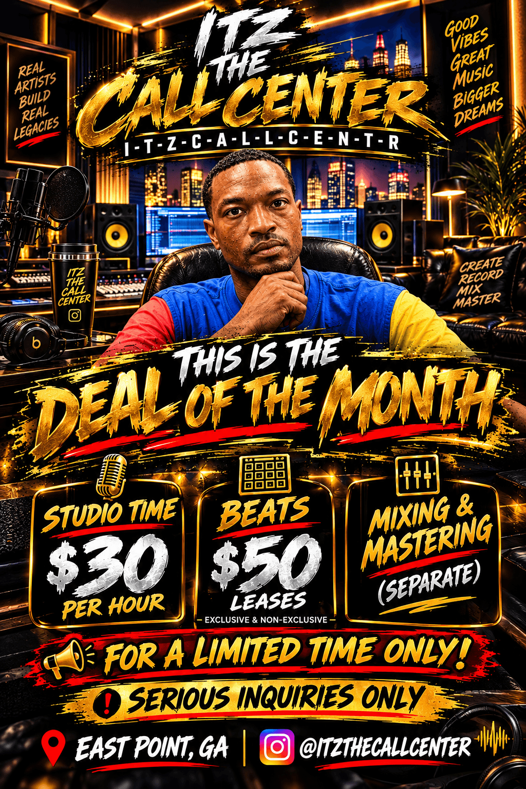 Promotional poster for Itz The Call Center featuring a man in a blue shirt, music equipment, and bold text about deals and services.